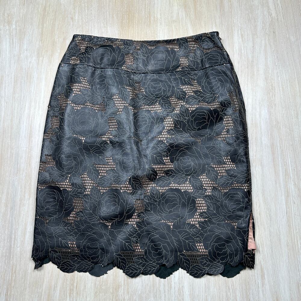 Kay Unger Black Floral Embossed Leather Edgy Party Date Workwear Night Skirt 8
